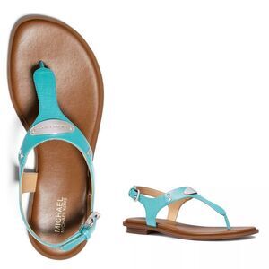 New! MICHAEL KORS Women's MK Logo Plate Thong Leather Sandals Shoes Ocean Blue